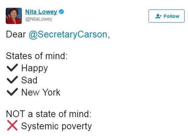 Nita Lowey tweets: "Dear @Secretary Carson, States of mind: Happy, Sad, New York. NOT a state of mind: Systemic poverty".