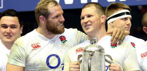 James Haskell and Dylan Hartley celebrate with the Calcutta Cup