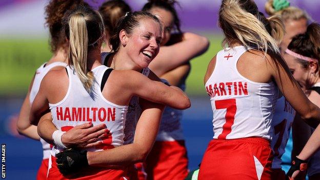 England celebrate after beating Australia at the Commonwealth Games