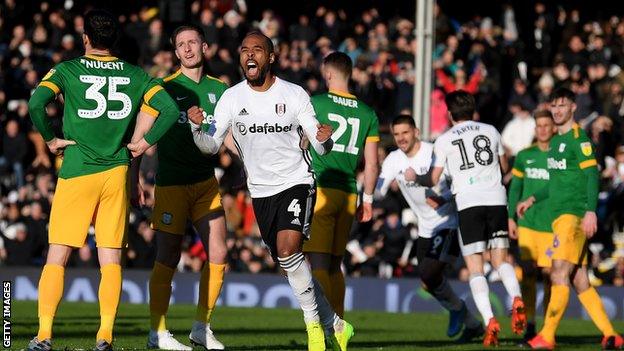 Fulham players celebrate David Nugent's own goal