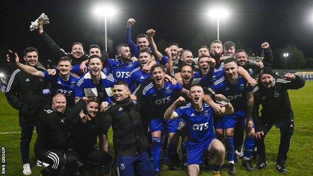 Darvel Players celebrate a famous win during a Scottish Cup Fourth Round match between Darvel and Aberdeen at Recreation Park