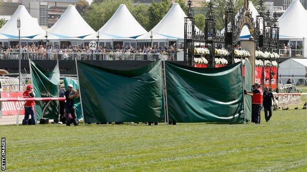 Red Cadeaux is looked over by vets after race 7, the Emirates Melbourne Cup on Melbourne Cup Day at Flemington Racecourse