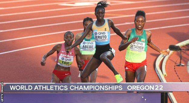 Norah Jeruto leads the way in the women's steeplechase at the World Athletics Championships in Eugene