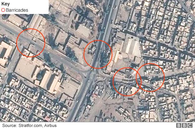 Satellite image showing barricades in Wadi Hajar, Mosul