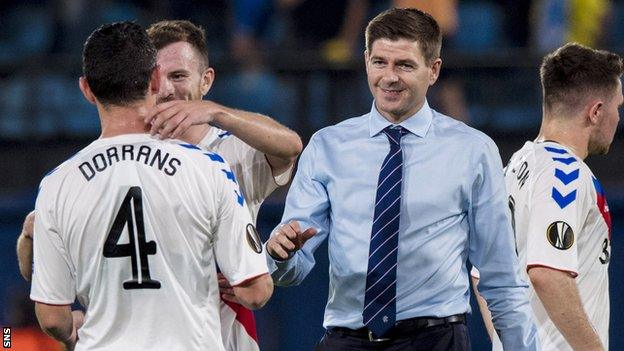 Rangers manager Steven Gerrard celebrates a point against Villarreal