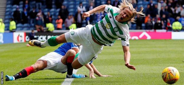 Rangers substitute Jordan Jones was dismissed in stoppage-time for a lunge on Moritz Bauer