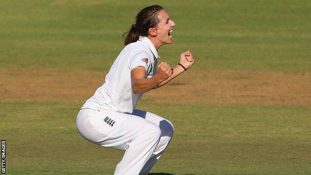 Kate Cross celebrates a wicket in an Ashes match, 2014