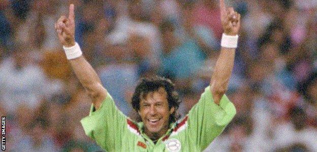 Imran Khan celebrates taking a wicket