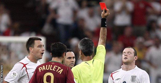 Wayne Rooney was sent off for a stamp on Ricardo Carvalho when England played Portugal at the 2006 World Cup