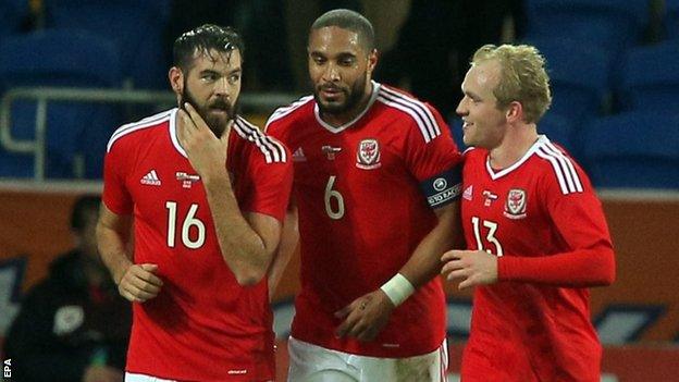 Wales team-mates Joe Ledley, Ashley Williams and Jonathan Williams discuss tactics against the Netherlands