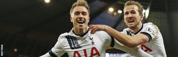 Tottenham Hotspurs midfielder Christian Eriksen celebrates scoring a goal with team-mate Harry Kane