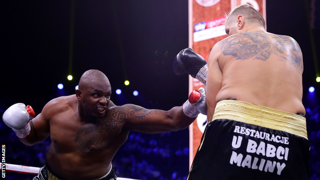 Dillian Whyte unleashing some of his trademark 'body snatcher' punches against Mariusz Wach in Saudi Arabia in December 2019