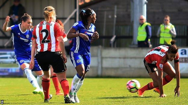 Ramona Bachmann (left) scores for Chelsea Ladies against Sunderland Ladies