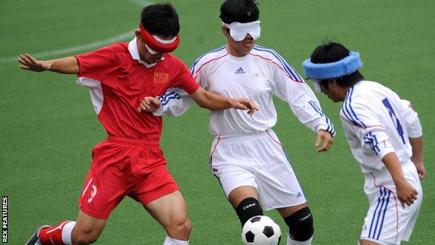 Zheng Wenfa of China competes during a men's visually impaired five-a-side game against Japan