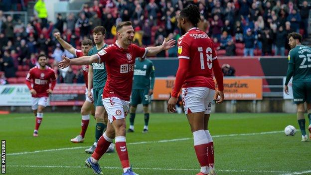 Bristol City's Weimann and Semenyo celebrate the first goal against Middlesbrough