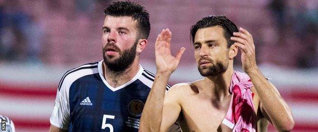 Scotland's Grant Hanley and Russell Martin celebrate in Malta