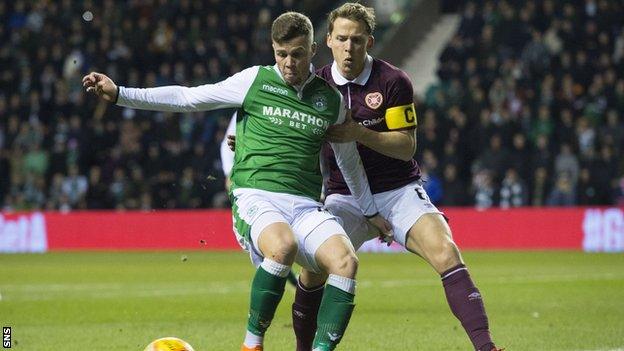 Hibs striker Florian Kamberi contests the ball with Hearts skipper Christophe Berra