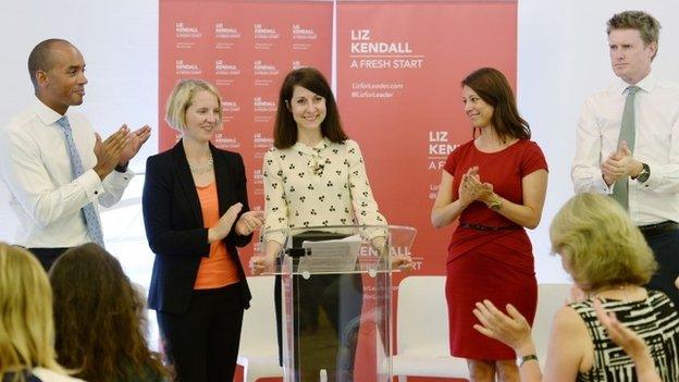 Liz Kendall at an event to launch her campaign, flanked by fellow MPs Chuka Umunna, Emma Reynolds, Gloria de Piero and Tristram Hunt