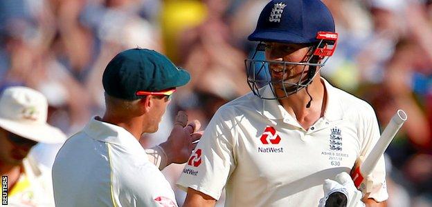 Alastair Cook was congratulated on his century by Australian players at the close