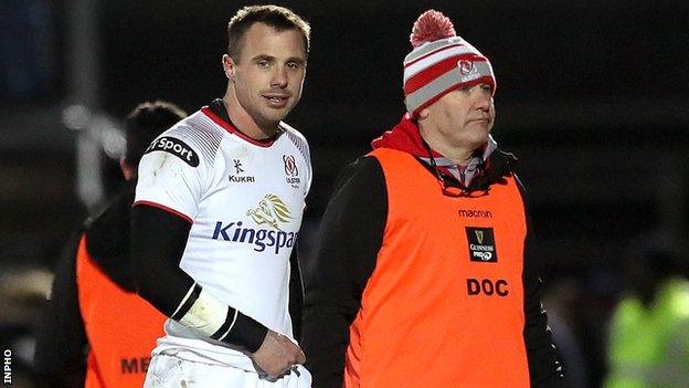 Tommy Bowe comes off after receiving treatment in Ulster's hammering by Leinster