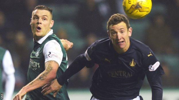 Hibs' Anthony Stokes and Falkirk's Aaron Muirhead challenge for the ball