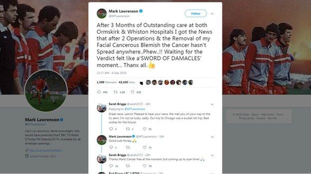 A tweet from Mark Lawrenson about his cancer scare