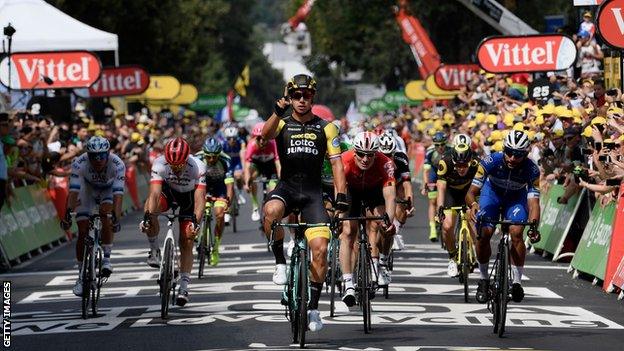 Dylan Groenewegen celebrates victory on stage eight