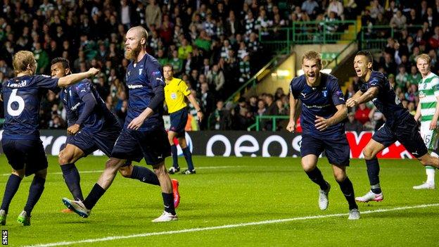 Malmo celebrate Jo Inge Berget's second goal