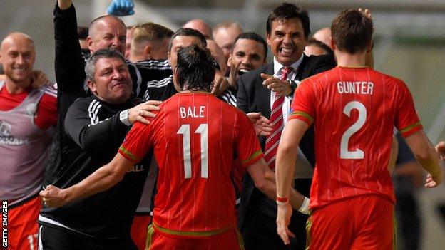 Gareth Bale celebrates after scoring Wales' winner in a 1-0 victory in Cyprus in Euro 2016 qualifying