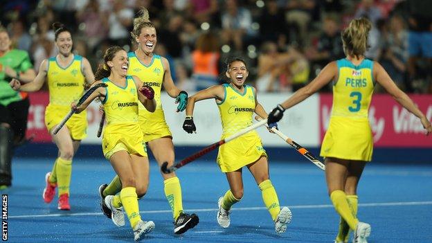 Australia team celebrate World Cup win over Argentina