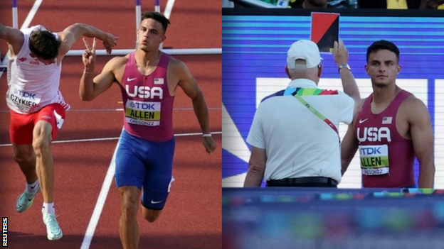 Devon Allen racing at the World Athletics Championships in 2022 and looking disappointed after being disqualified for a false start