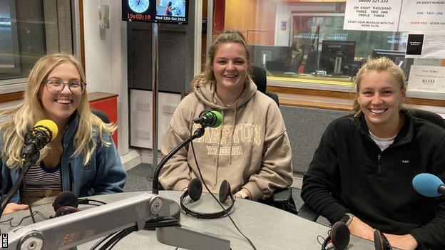 BBC No Tackle podcast hosts Millie Wood (right) and Enya Lackie (left) with Gloucester-Hartpury's Sarah Beckett (centre)