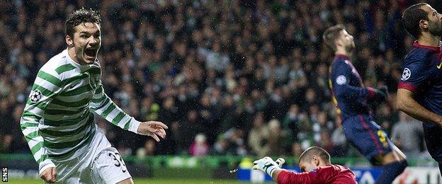 Tony Watt celebrates his goal in Celtic's victory against Barcelona