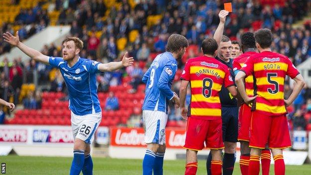 Partick Thistle's Abdul Osman is sent off as Liam Craig appeals for a penalty