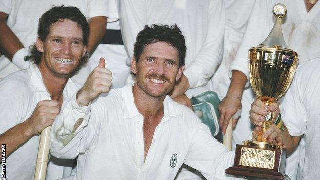 Former Australia captain Allan Border celebrates winning the 1987 World Cup