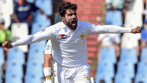 Mohammad Amir celebrates taking a wicket for Pakistan