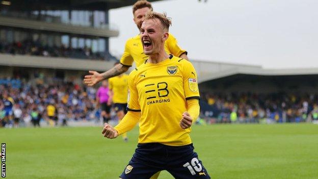 Mark Sykes celebrates scoring for Oxford United