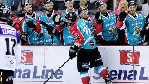 James Desmaris celebrates with his Giants team-mates after scoring against Braehead