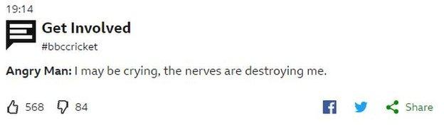 Tweet to BBC Sport saying "I may be crying, the nerves are getting to me."