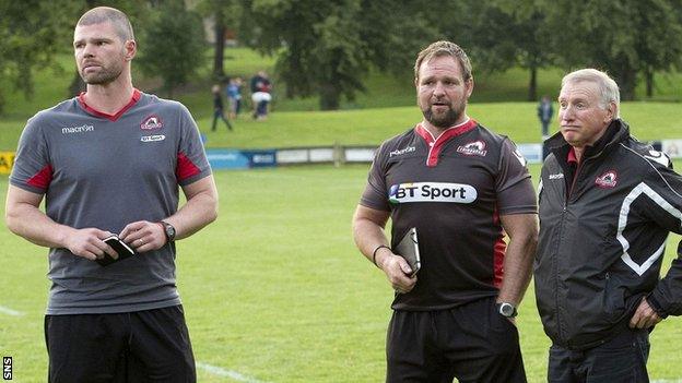 Edinburgh coaches Peter Wilkins , Stevie Scott and Alan Solomons