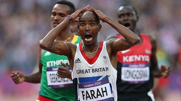 Mo Farah celebrates his second gold medal of the 2012 Olympic games