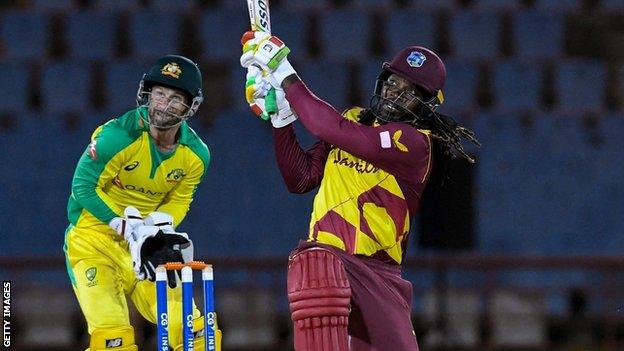 West Indies' Chris Gayle plays a shot