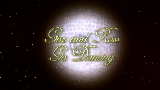 Graphic with a mirror ball and text "Goz and Ross Go Dancing"