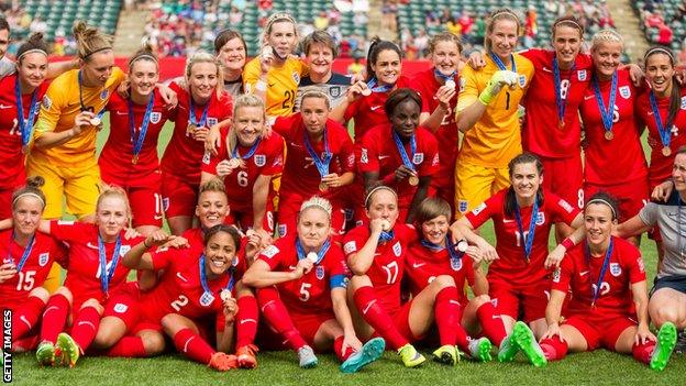 England's women celebrate finishing third at the 2015 World Cup