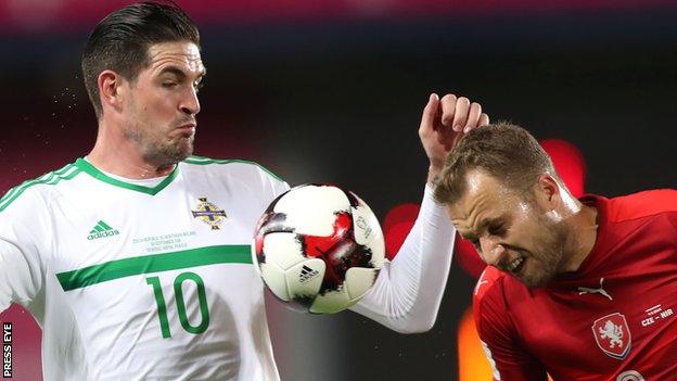 Northern Ireland striker Kyle Lafferty competes against Michal Kadlec of the Czech Republic