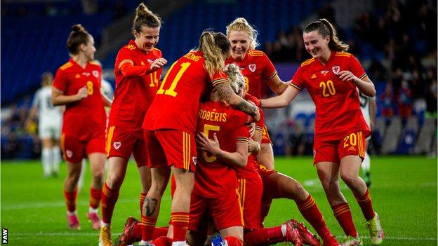 Wales celebrate Helen Ward's goal