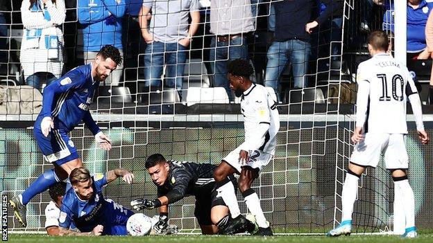 Cardiff's Neil Etheridge was the busier of the two goalkeepers at Swansea's Liberty Stadium