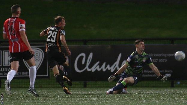 Derry keeper Brian Maher saves David McMillan's Dundalk chance in the first half