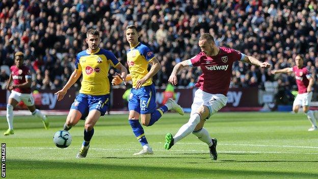 Marko Arnautovic scores his first goal of the day