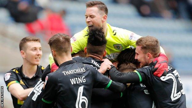 Yeovil celebrate their win at Coventry City